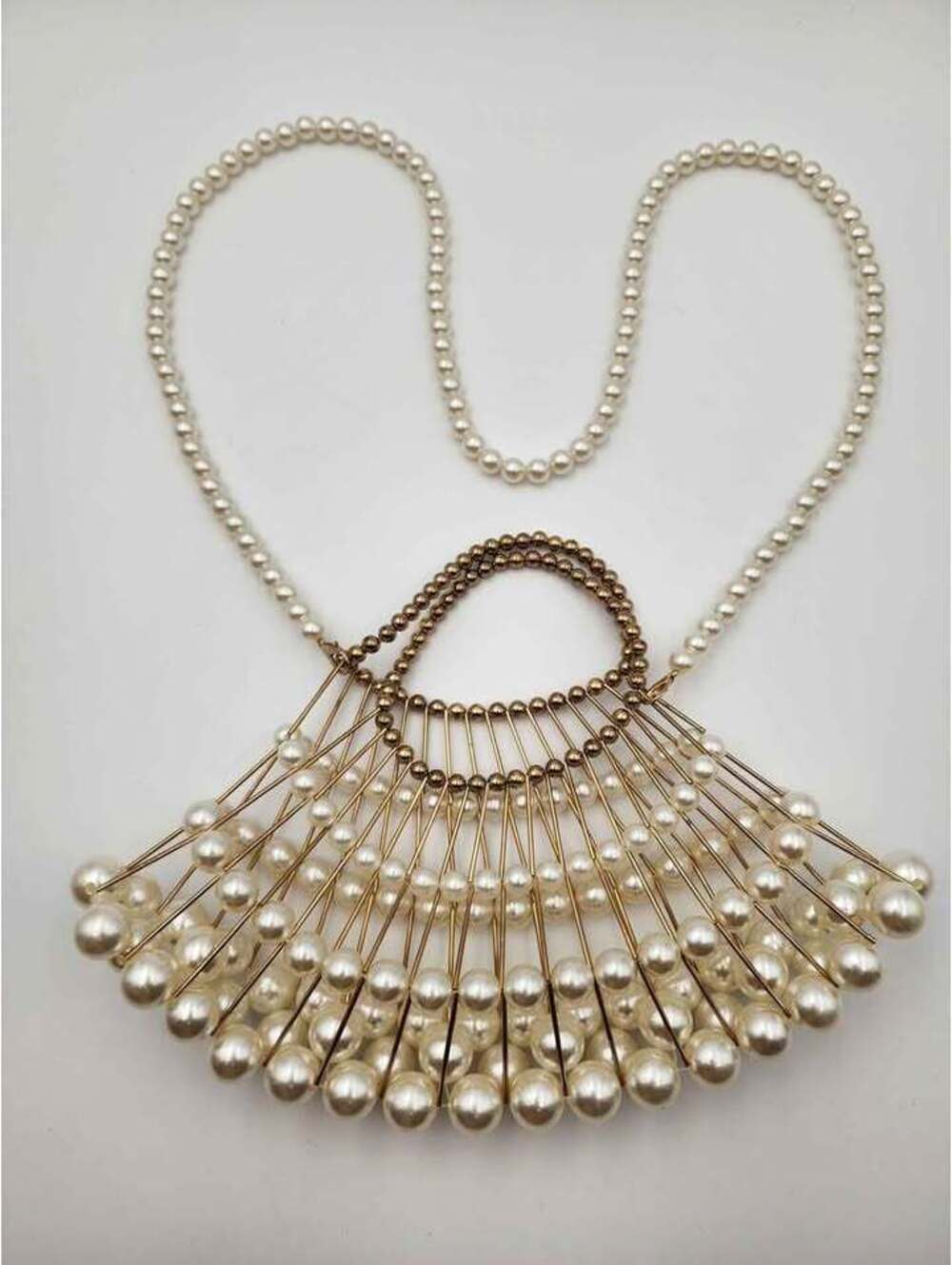 Faux Pearl Fan Cage Handbag with Shoulder Strap